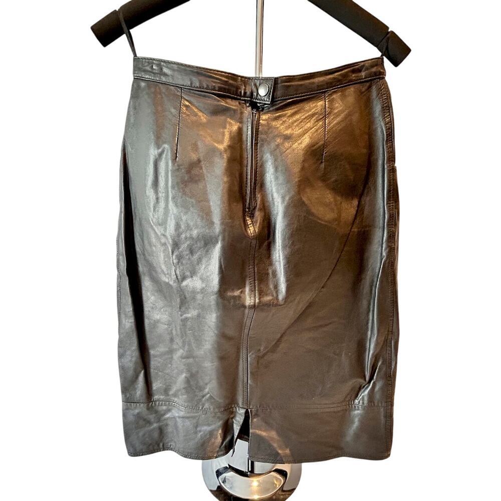 80s Vintage Genuine Black Leather Sexy Vixen knee Length Skirt Size 8 - Picture 6 of 9
